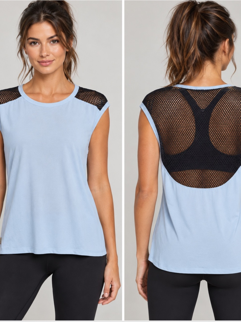 Alala Pale Blue Sleeveless Workout Tank with Black Mesh Yoke- NWT Size XL
